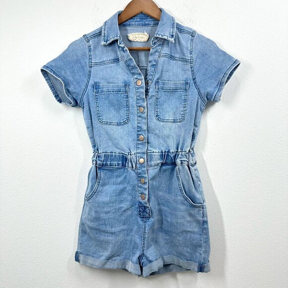 Altar'd State Women's Size XS Stretch Denim Shorts Romper Snap Front - Picture 1 of 10
